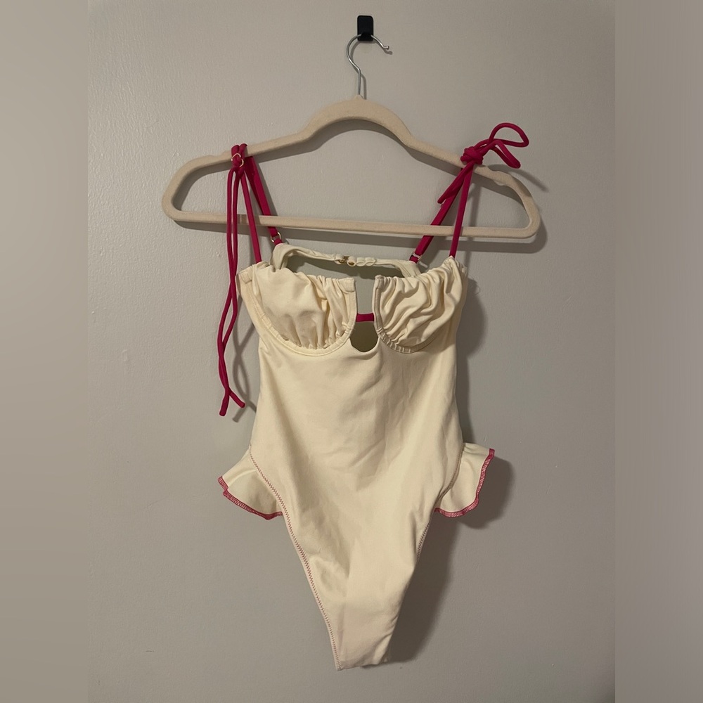 Montce Cream and Raspberry Ruffle One-Piece - Picture 5 of 10